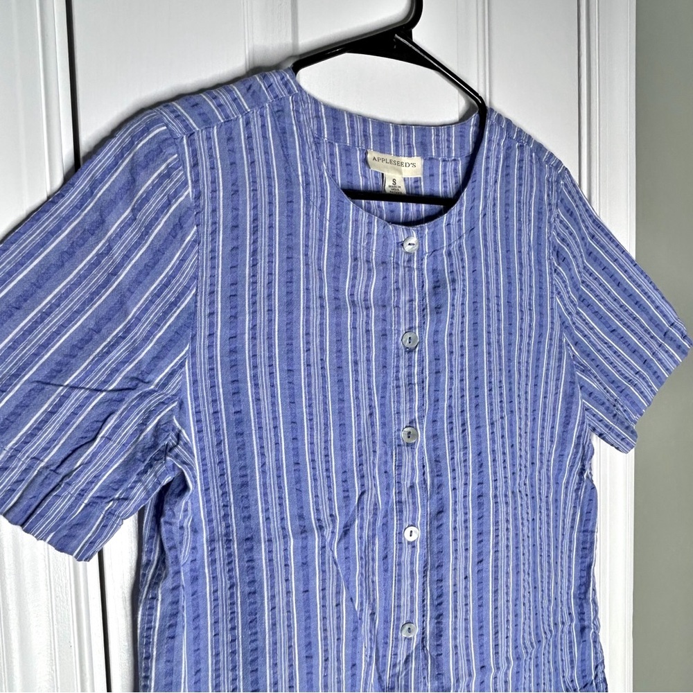 Appleseeds Cotton Blue White Striped Seersucker Short Sleeve Button Down Blouse